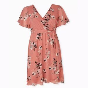 Torrid Chiffon Blush pink floral faux wrap flutter sleeve midi dress 0X 12 L